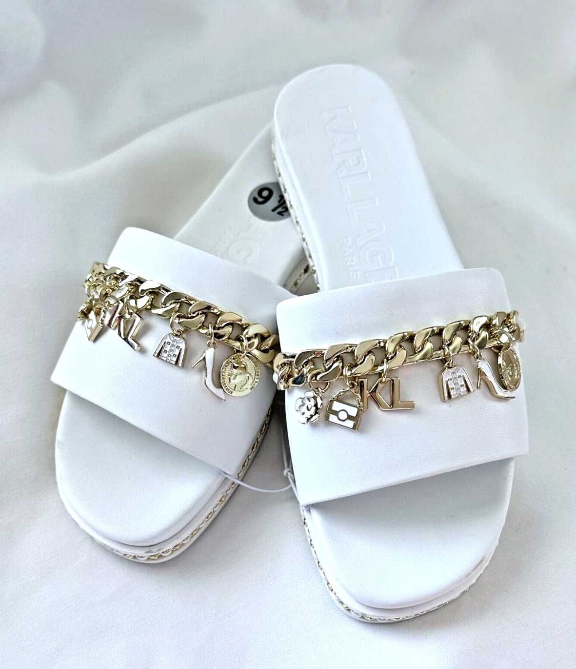Дамски Чехли БЕЛИ Оригинал Karl Lagerfeld Chain Gold Charms Размер 39