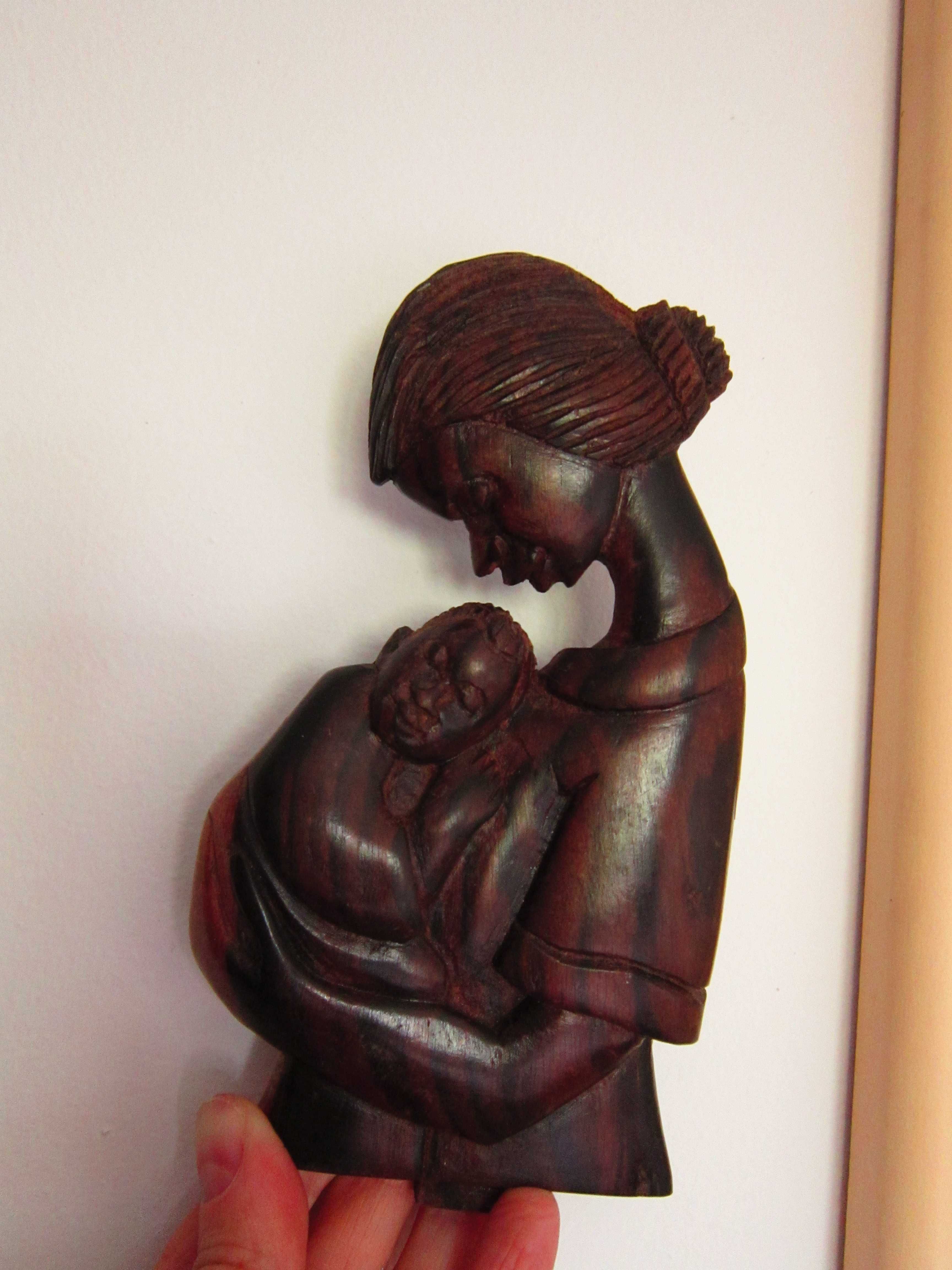 sculptura profil vintage Mama imbratisand Copilul lemn de teak anii'60