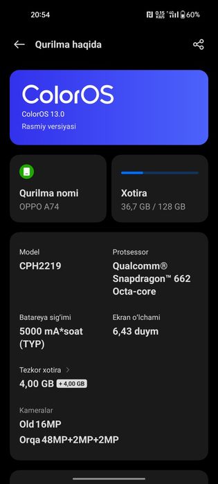 Oppo A74 telefon obmen Redmi yoki Honor telefonlariga
