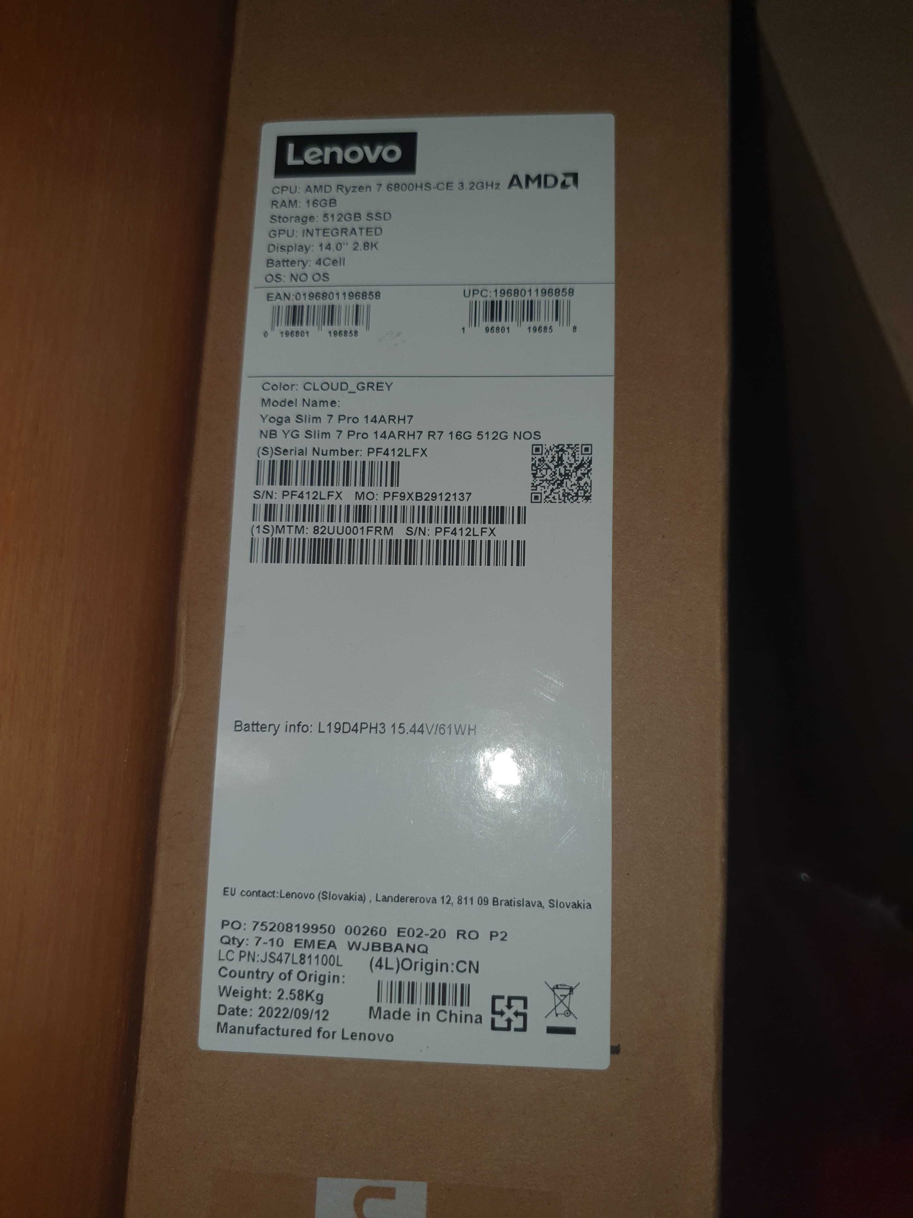 Lenovo Yoga Slim 7 Pro 14ARH7; Ryzen 7 6800HS; 16GB RAM; 512GB SSD.