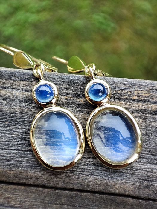 Cercei aur 14k cu Safir natural si Piatra Lunii UNICAT