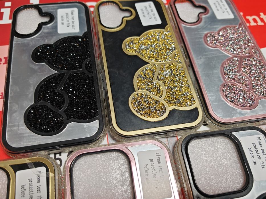 iPhone 16,16 Pro,16 Pro Max луксозни блестящи гърбове Teddy Bear