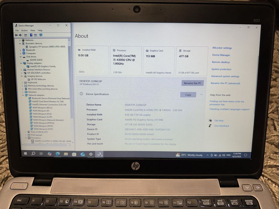Laptop HP EliteBook 820, 12.5” HD, Intel i5-4300U, 8GB RAM, 480GB SSD