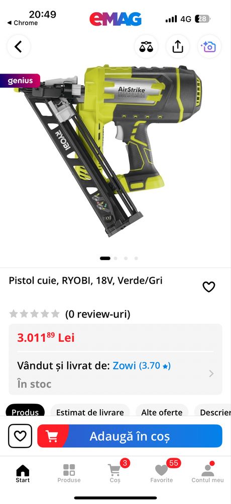 Pistol cu cuie Ryobi profesional 18V Ryobi