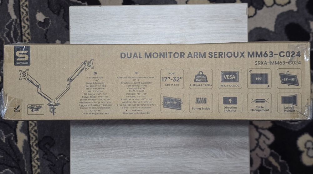 Suport birou 2 monitoare Serioux MM63-C024, 17″-32″, 9kg, argintiu