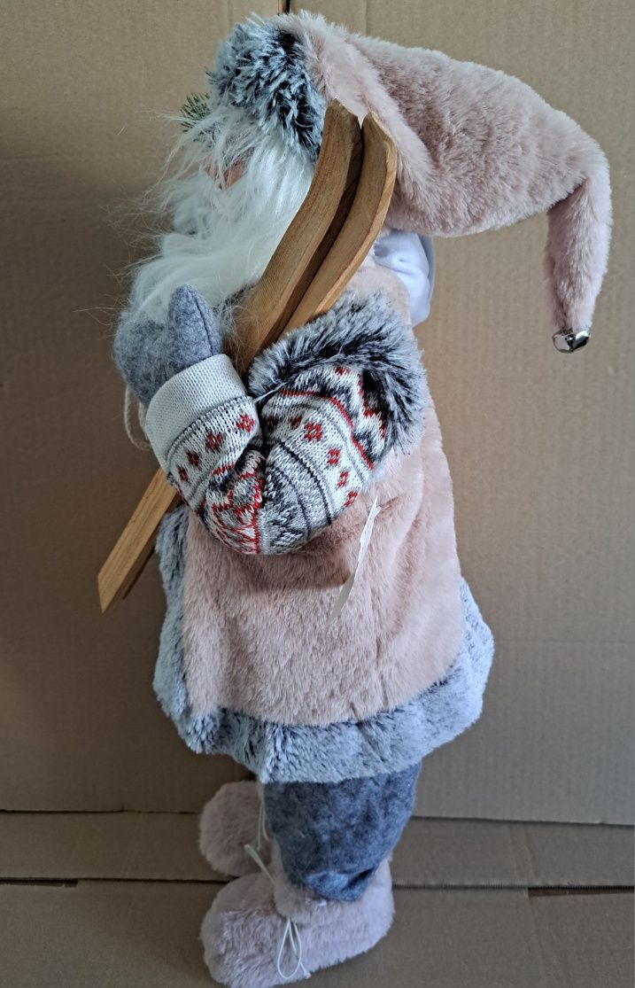 Figurina Mos Craciun 60 cm înălțime cu schiuri ursulet sac cadou brad