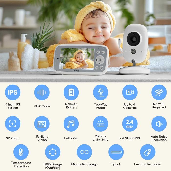 НОВ BOIFUN 4" Бебефон с 2 камери, 720P IPS екран, нощно, VOX, Без WiFi