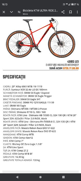 Bicicleta Ktm ultra ride 29 cadru XL