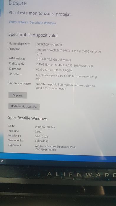 Alienware m15 r2 cu garantie 1 an,displey 4k,i7,16gb,rtx 2070 max q