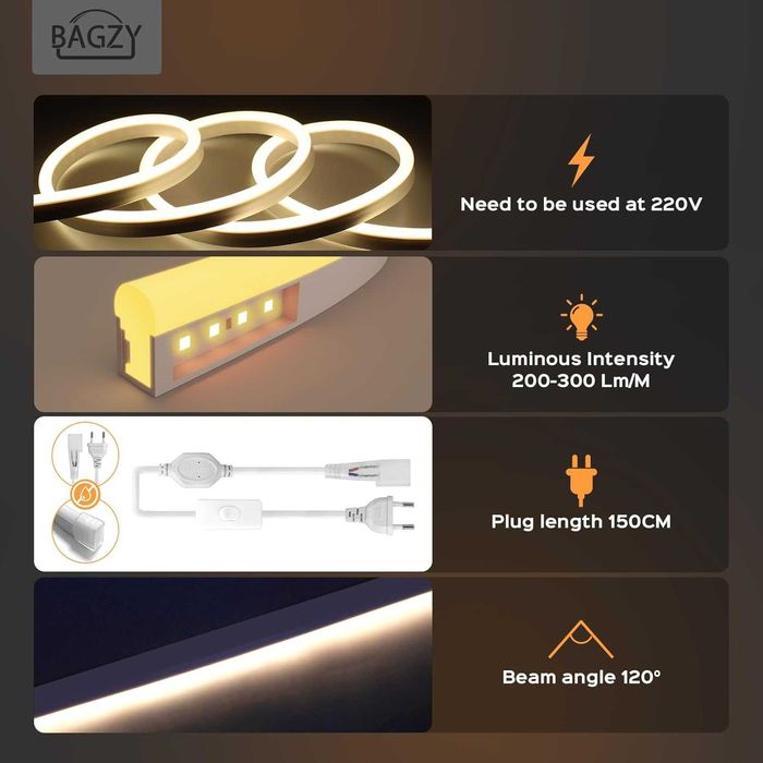 Banda LED Neon BAGZY 2m Exterior Interior 230V 120 LED/m Natural Alb