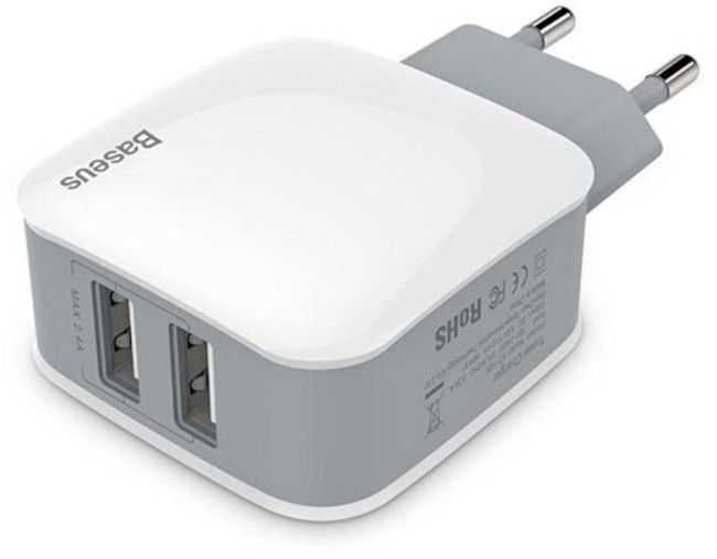 Зарядно устройство Baseus - Letour Dual Travel, USB-A, бяло 2.4A