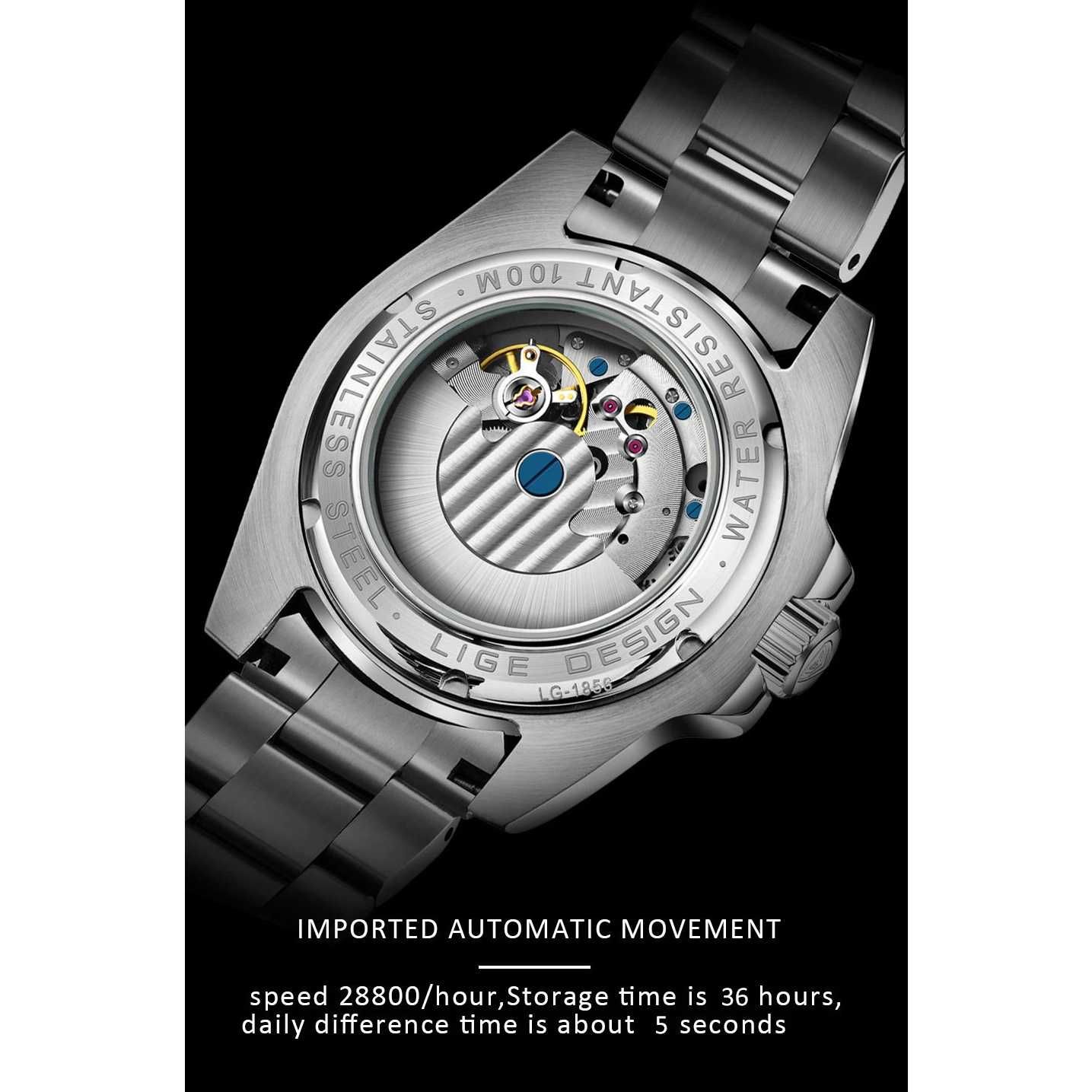 Мъжки часовник Lige Mechanical Watch, Водоустойчив, Неръждаема стомана