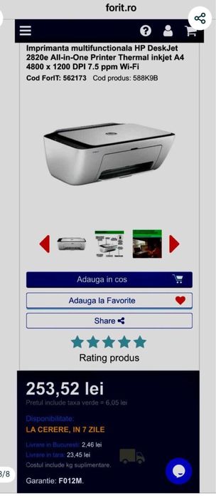 Imprimantă HP DeskJet 2820e – multifuncțională Wi‑Fi, nouă Sigilata