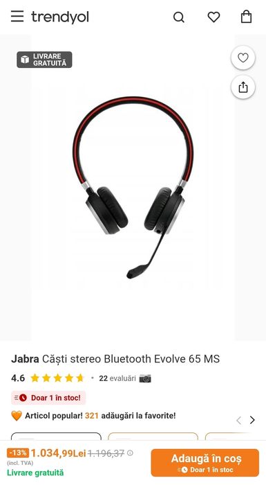 Casca Wireless Bluetooth Jabra Evolve 65 (Negociabil)
