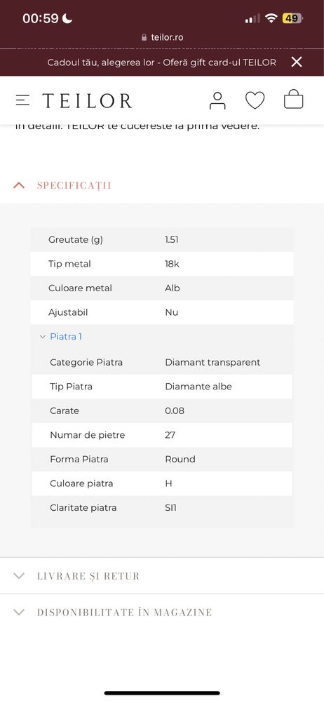 Pandant cheie TEILOR din aur alb de 18K cu diamante de 0.08ct