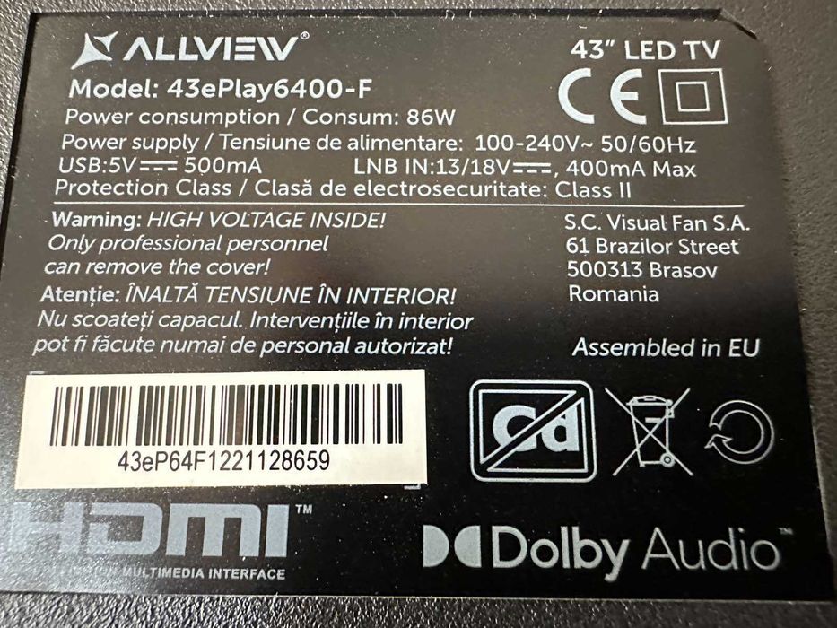 Телевизор Allview LED 43ePlay6400-F, 43", Smart Android, Full HD