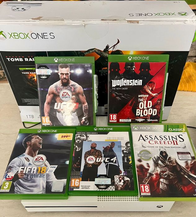 Xbox One S – 1 TB + 5 jocuri + încărcător orizontal pentru controllere