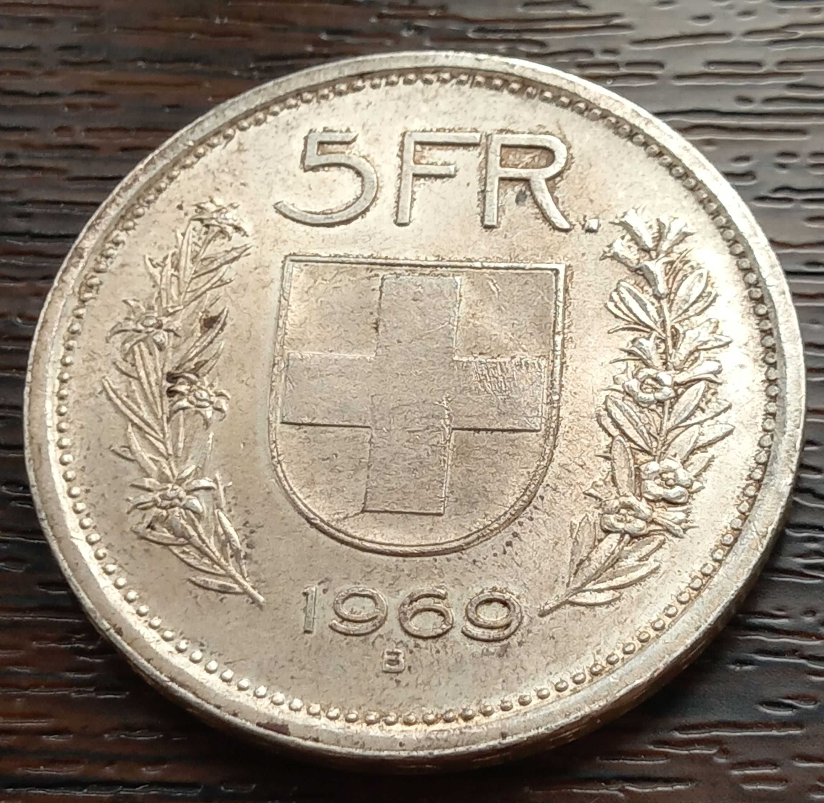 Moneda din argint Elvetia - 5 Franci 1969, Luciude batere
