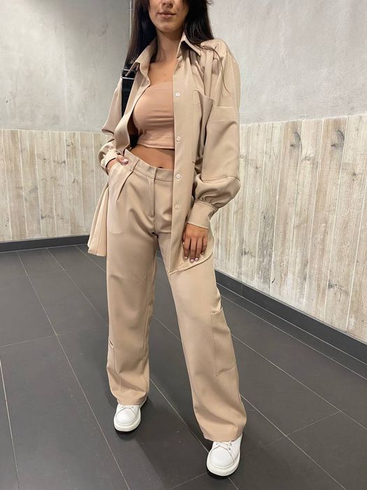 Compleu bej camasa si pantaloni cu buzunare XS