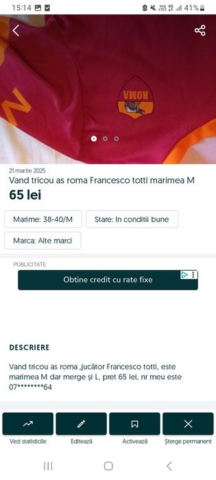 Tricou roma Francesco Totti pret 65 lei