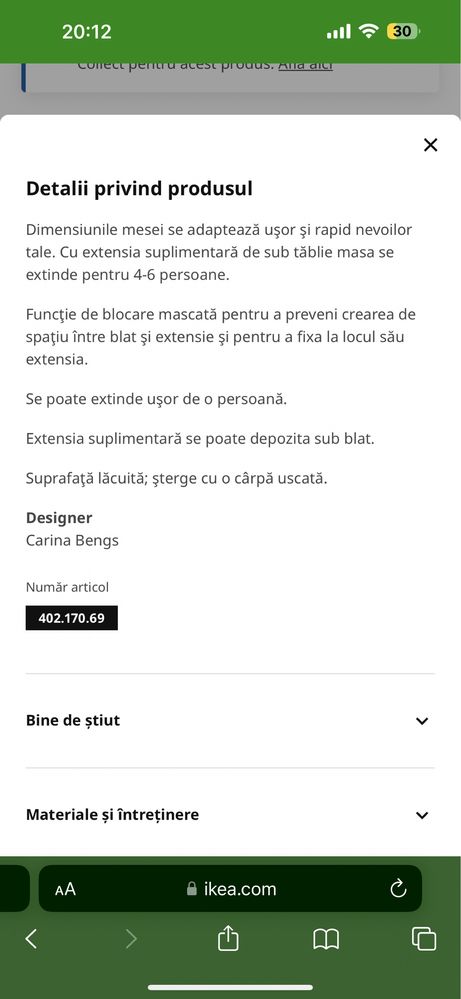 Masa Ikea extensibila 110/155 cm, alba