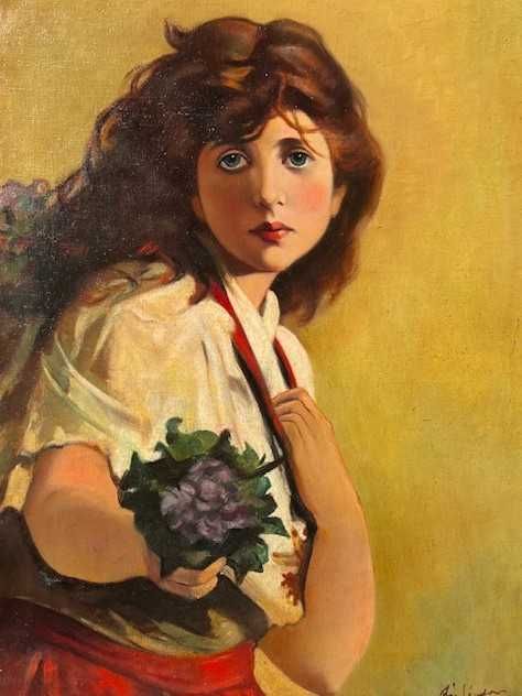 ”Domnisoară cu buchet flori” Tablou f VECHI. U/Pz, Semn, Mare: 80x60+R