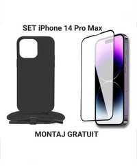 Set iPhone 14 Pro Max - Husa cu Snur Negru + Folie de Sticla Full