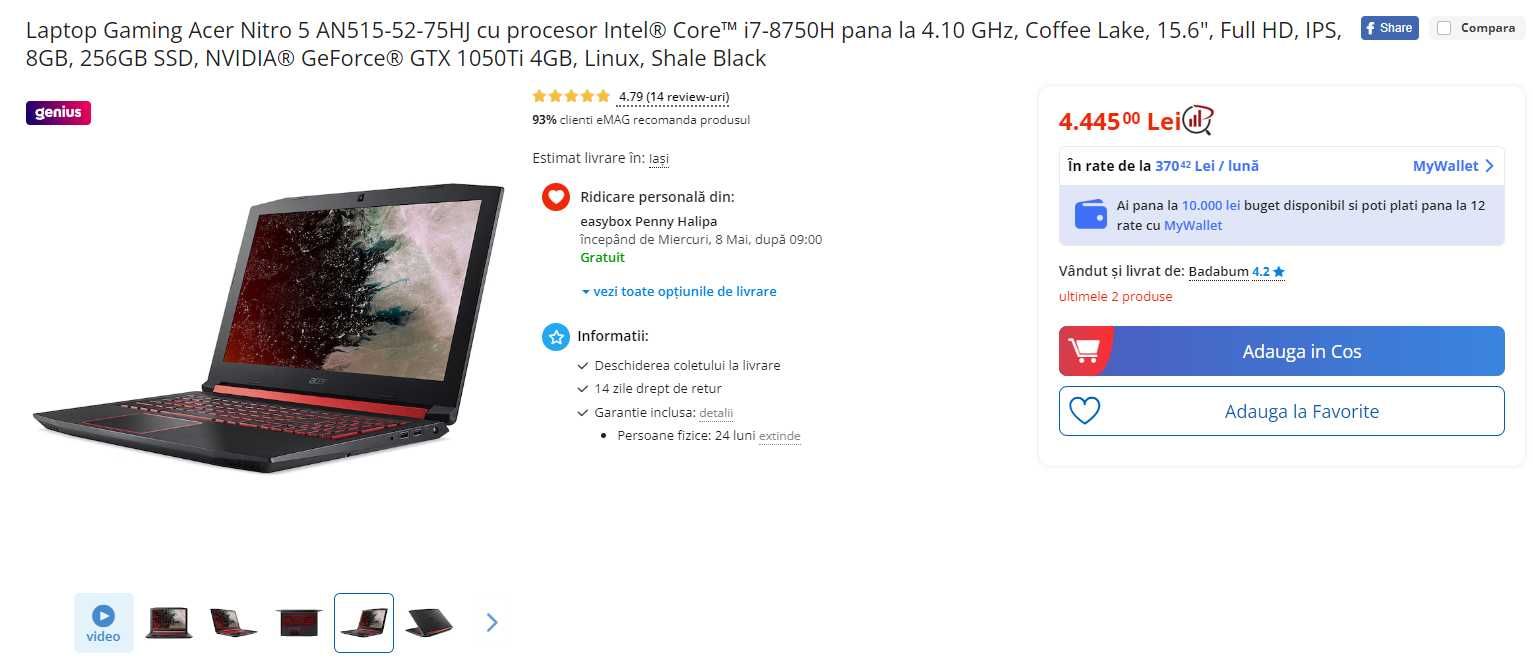 Laptop Acer Nitro5 AN515-52 cu Intel® Core™i7-8750H 1TB HDD+256SSD