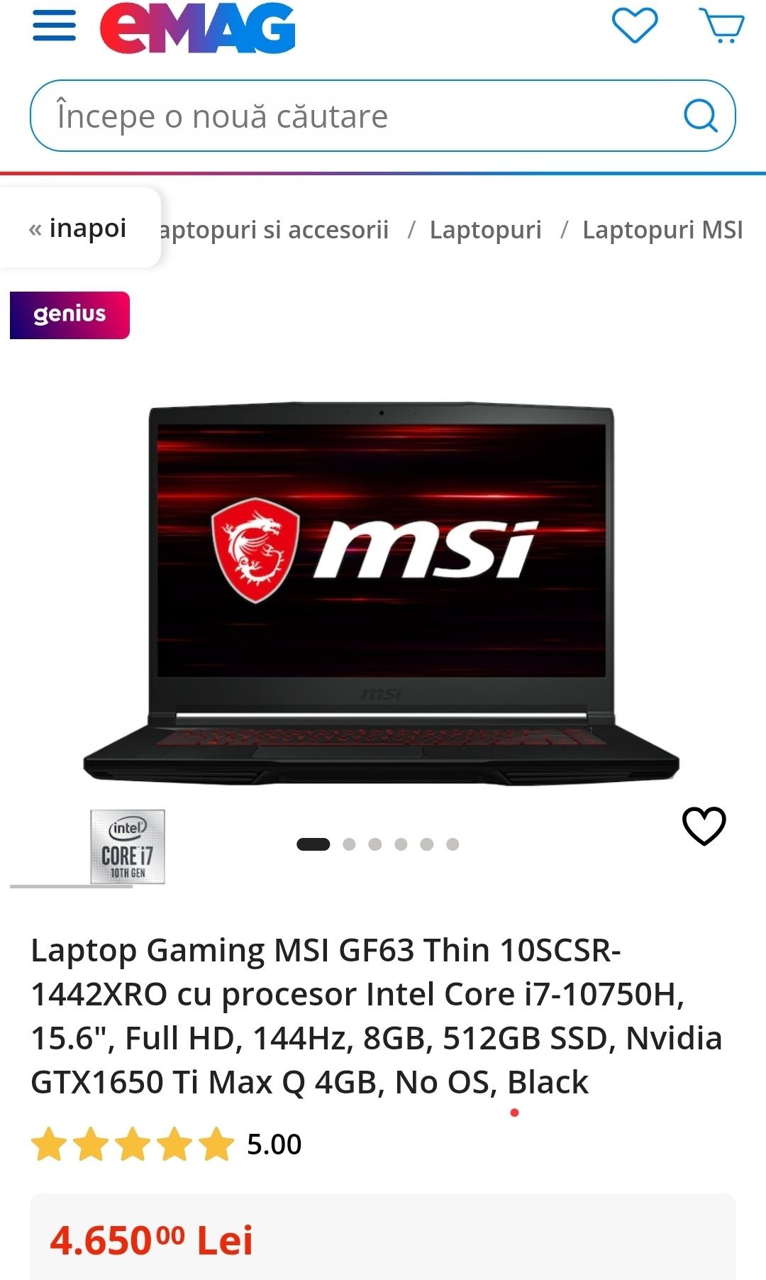 Laptop gaming MSI GF63 Thin 144Hz i7 10750H 5GHz 512GB GTX 1650 GDDR6