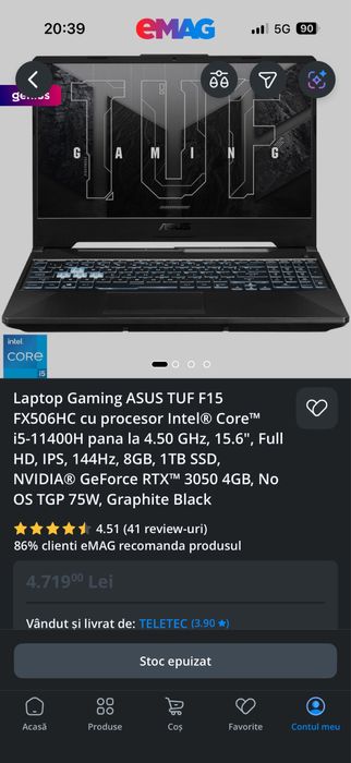 Laptop Gaming ASUS TUF F15 - 16 GB RAM, RTX 3050 4gb, I5-11400H