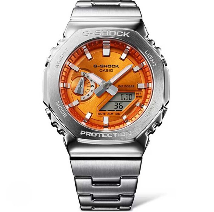 Ceas Casio g shock Metal GM B2110d Silver Orange Nou,Garantie 2 ani