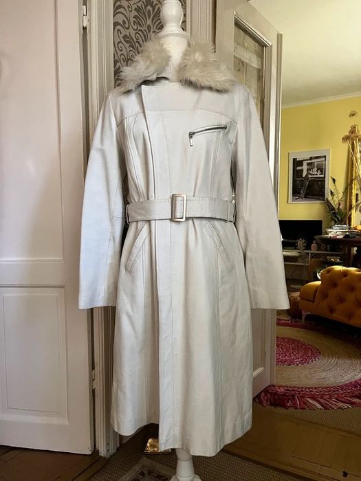 Haina lunga Palton piele naturala alba