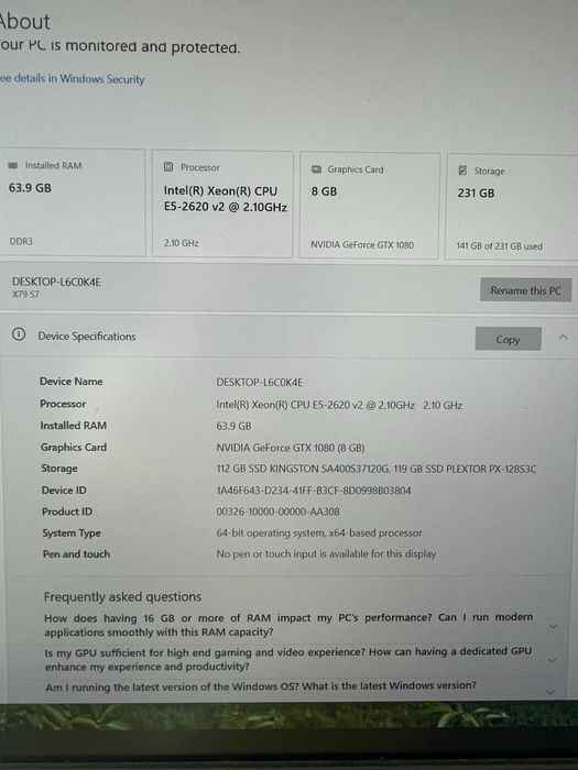 PC Workstation XEON 2620V2L - 64GB RAM ECC - GTx 1080 racit cu apa