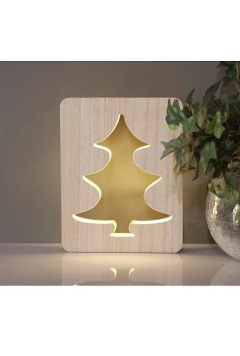 Decor de Craciun cu lumina LED si suport rustic din lemn