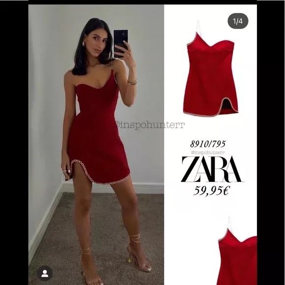 Зара Zara червена Коледна празнична рокля XS
