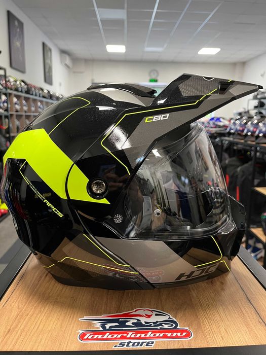 Отваряема ендуро Мото каска HJC C80  Black Fluo S 55-56см, очила