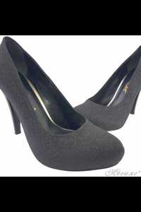 Дамски елегантни обувки черен ситен брокат