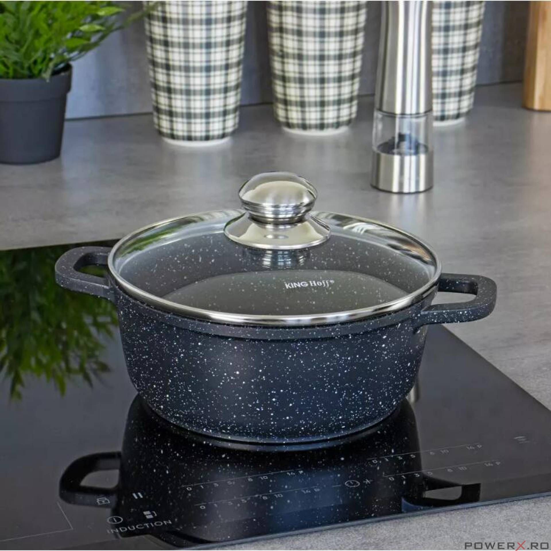 Cratita din aluminiu turnat, cu strat marmorat, cu capac din sticla,