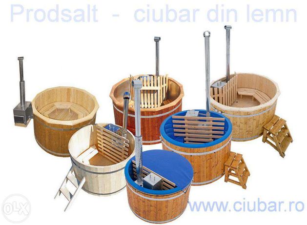 Ciubar ( hot tub ) din lemn cu apa fierbinte cu soba externa / interna