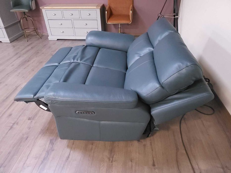 Синьо - зелен кожен диван двойка с ел релакс механизъм La-z-boy