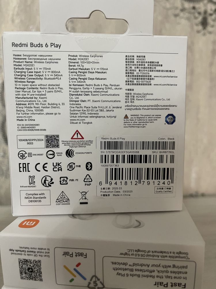 Новый. Redmi buds 6 play global год гарантия