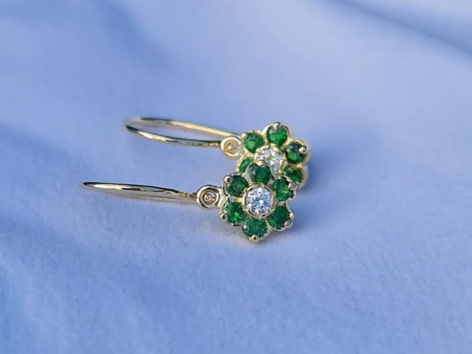 Cercei aur galben 14k diamante și tsavorite naturale