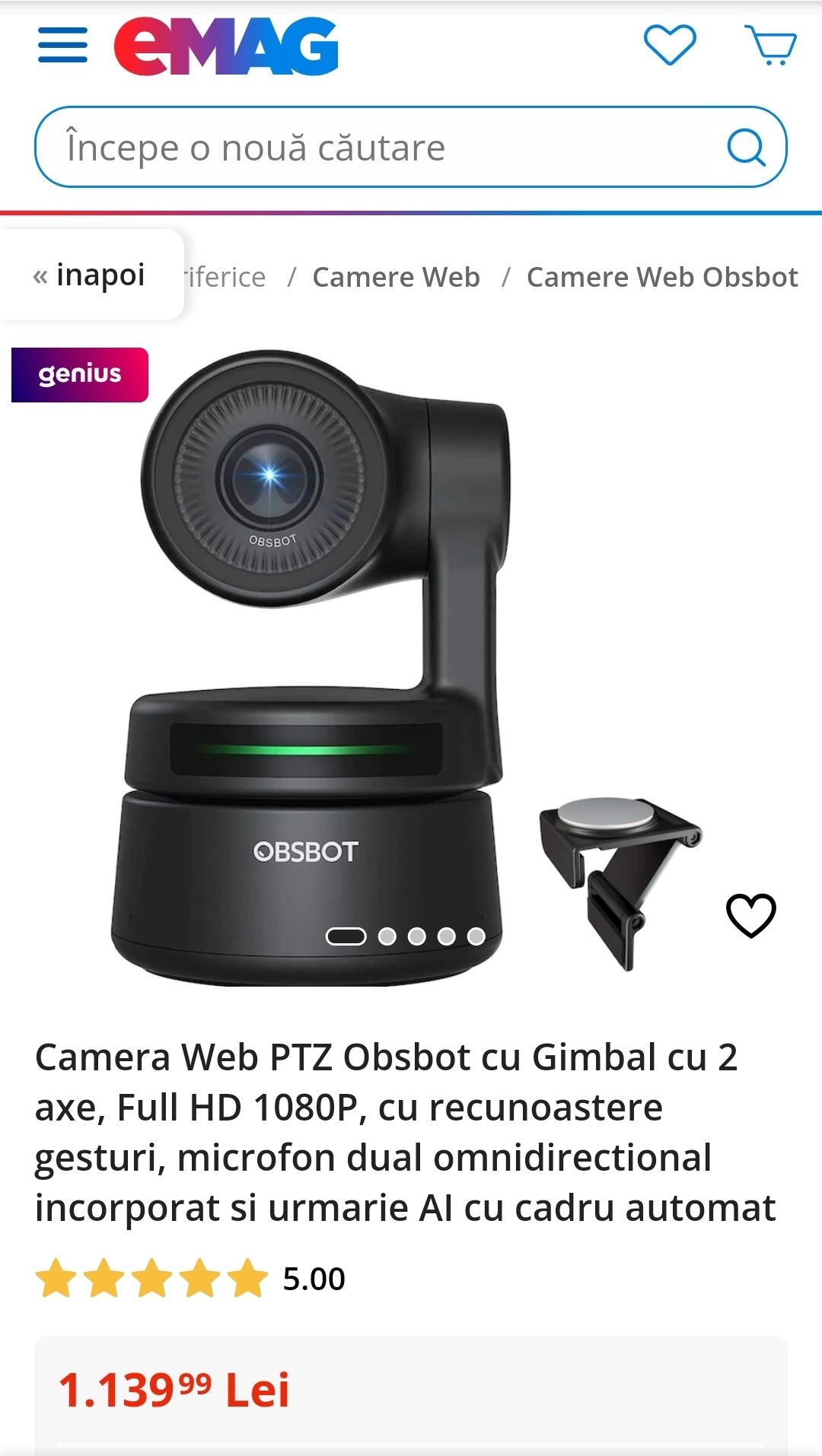 Camera Web PTZ Obsbot cu Gimbal cu 2 axe, Full HD 1080P, cu recunoaste