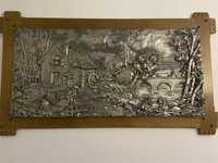 Metaloplastie zinc- tablou mare, in relief, pe suport din lemn masiv