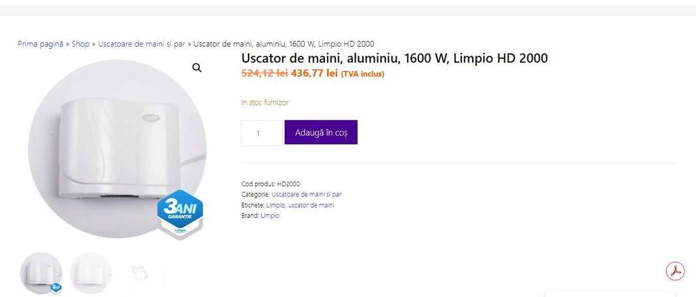 Uscator de maini profesional aluminiu 1600 W Limpio HD 2000