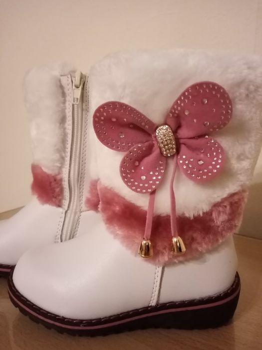 Детски топли зимни ботуши за момиче с топъл хастар бели стелка 14,5 см