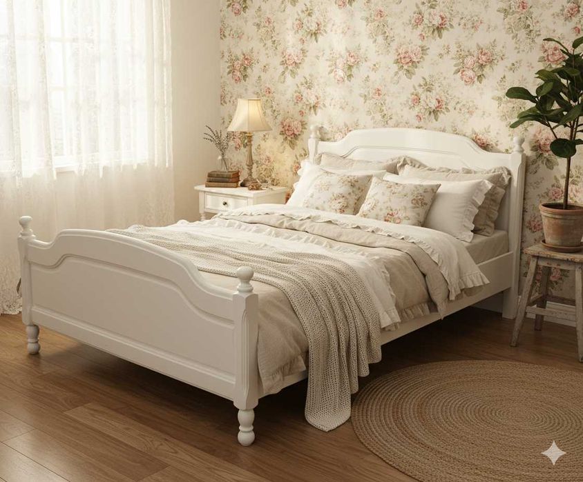 Pat din lemn masiv de fag Ileana, alb, 140x200 cm