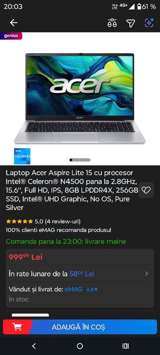 Laptop Acer Aspire Lite 15 cu procesor Intel® Celeron® N4500 pana la 2