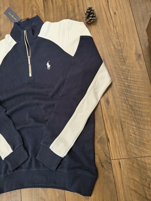 Pulover clasic, RL, half zipper, culoare navyblue&alb