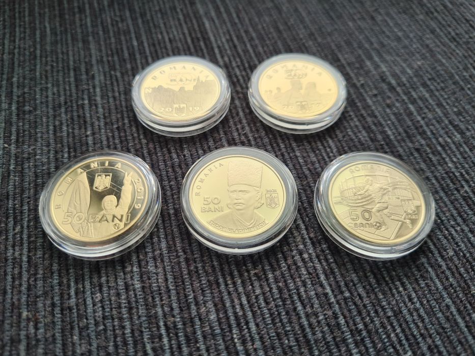 Monede 50 bani PROOF: Regina, Regele, Revolutia, Vladimirescu, Fotbal